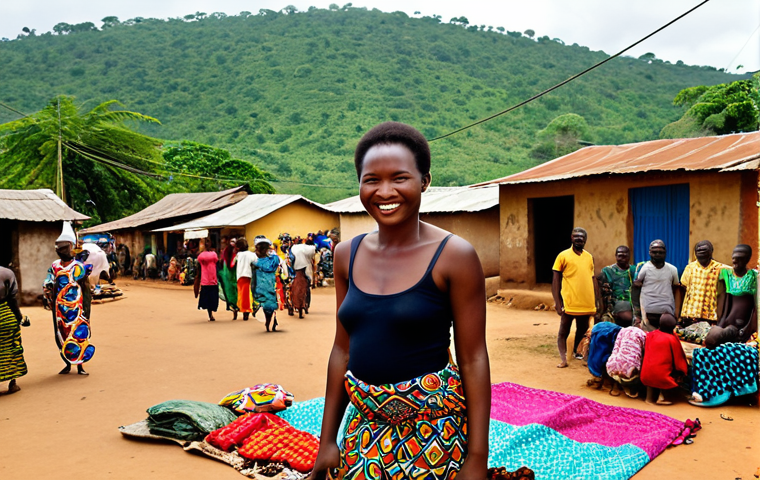 **Prompt:** A vibrant, bustling marketplace in Togo, West Africa. Smiling faces of local people are visible amongst colorful textiles and handcrafted goods. In the background, lush green hills and traditional houses. The overall mood is optimistic and full of life, despite the evident poverty. Focus on the warmth of the people and the richness of the Togolese culture.
