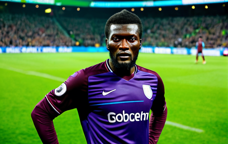A professional male soccer player, resembling Emmanuel Adebayor, standing strong and determined on a vibrant green soccer pitch inside a grand stadium. He is fully clothed in a professional, modest, and appropriate soccer kit, radiating focus and power. The background features blurred stadium lights and a cheering crowd, emphasizing a professional match atmosphere. Perfect anatomy, correct proportions, natural pose, well-formed hands, proper finger count, natural body proportions, professional sports photography, high quality, sharp focus, safe for work, appropriate content, fully clothed, professional dress.