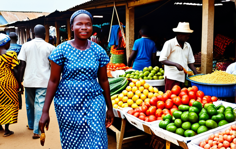 A vibrant outdoor market scene in Lomé, Togo. Local Togolese men and women are bustling amidst colorful stalls filled with fresh produce, bright African fabrics (pagne), and various goods. The atmosphere is energetic and lively, with warm, natural sunlight. Subjects are fully clothed in modest, traditional African attire. Perfect anatomy, correct proportions, natural poses, well-formed hands, proper finger count. Professional photography, high quality, realistic. Safe for work, appropriate content, family-friendly.