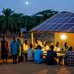 **

"A village in Togo at night, lit by solar-powered lights. Fully clothed villagers are gathered, some studying, others socializing. In the background, a large solar panel array is visible.  Focus on hope and progress. Safe for work, appropriate content, fully clothed, family-friendly. Perfect anatomy, correct proportions, natural pose, professional photography, high quality."

**
