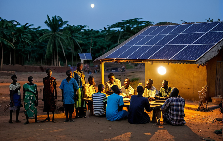**

"A village in Togo at night, lit by solar-powered lights. Fully clothed villagers are gathered, some studying, others socializing. In the background, a large solar panel array is visible.  Focus on hope and progress. Safe for work, appropriate content, fully clothed, family-friendly. Perfect anatomy, correct proportions, natural pose, professional photography, high quality."

**