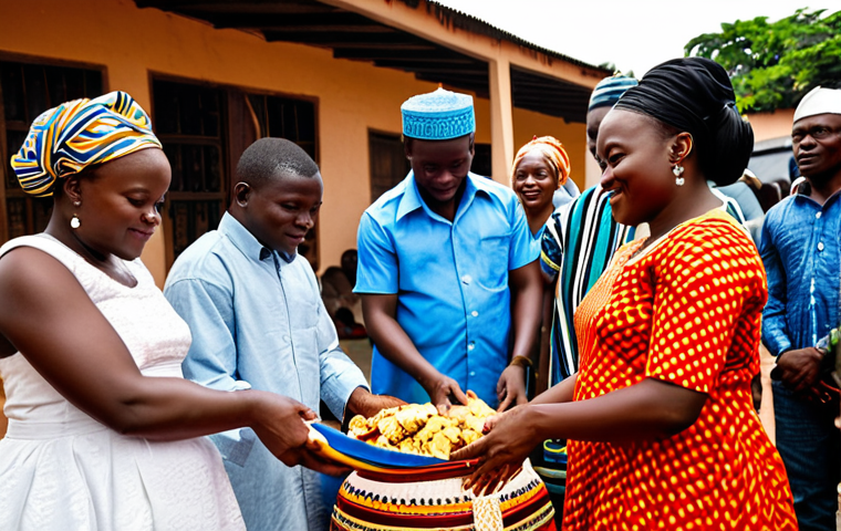 토고의 전통 혼례 복장 - Traditional Attire & Celebration**

"A vibrant Togolese wedding scene, featuring a bride in a colorf...