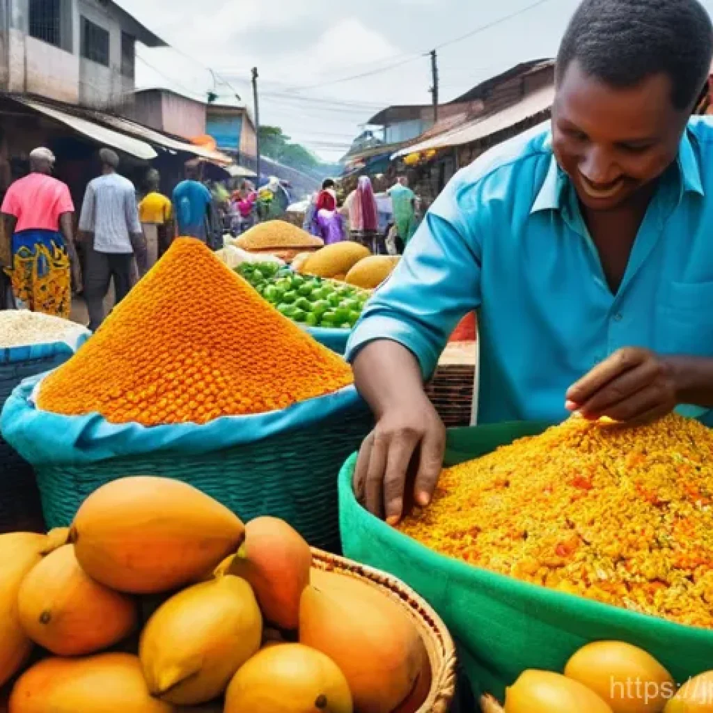 토고의 이색 체험 여행 추천 - **Prompt:** A bustling and vibrant outdoor market scene in Lomé, Togo, filled with sensory details. ...