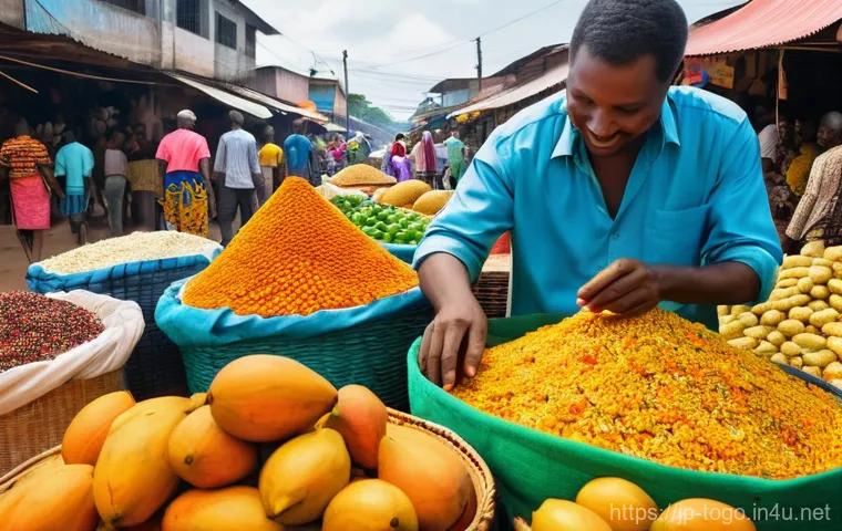 토고의 이색 체험 여행 추천 - **Prompt:** A bustling and vibrant outdoor market scene in Lomé, Togo, filled with sensory details. ...