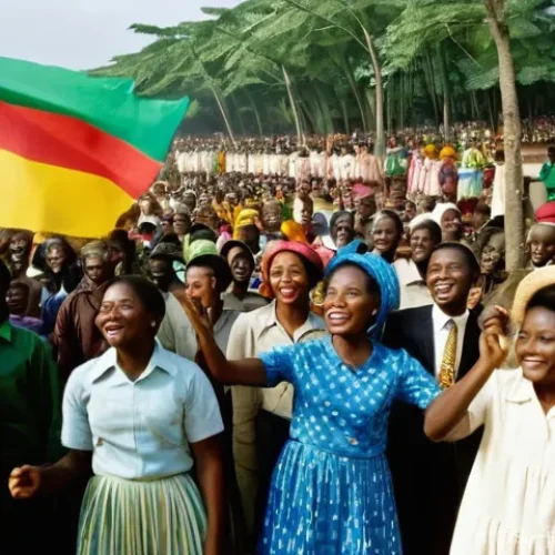 토고 군사 쿠데타 연대기 - **Prompt:** A vibrant scene capturing the bittersweet early years of Togo's independence. In the for...