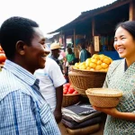 토고에서 현지 가이드 고용 방법 - **A Vibrant Cultural Exchange at a Togolese Market:**
    A bustling, sunlit local market in Togo, f...