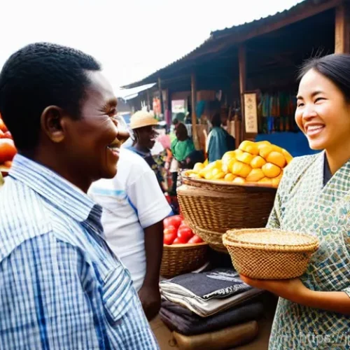 토고에서 현지 가이드 고용 방법 - **A Vibrant Cultural Exchange at a Togolese Market:**
    A bustling, sunlit local market in Togo, f...