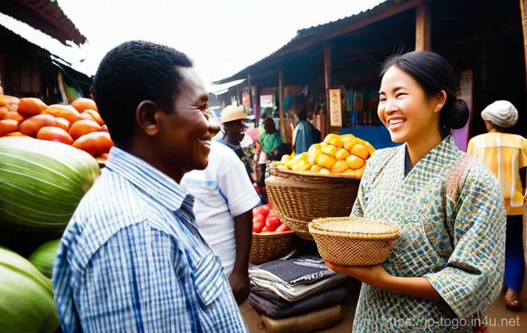 토고에서 현지 가이드 고용 방법 - **A Vibrant Cultural Exchange at a Togolese Market:**
    A bustling, sunlit local market in Togo, f...